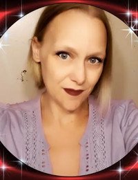 Woman in purple shirt with decorative border